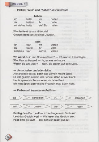 | MODUL 1 l
— Verben ’’sein“ und ’’haben“ im Präteritum
haben
ich hatte wir hatten
du hattest ihr hattet
er/ sie/ es hatte sie/ Sie hatten
Was hattest du am Mittwoch?
Gestern hatte ich zweimal Deutsch.
sein
ich war wir waren
du warst ihr wart
er/sie/es war sie/Sie waren
Wo warst du in den Sommerferien? — Ich war im Ferienlager.
War Max zu Hause? — Ja, er war zu Hause.
Waren sie am Meer? — Nein, sie waren auf dem Land.
— denn-, oder- und aber-Sätze
Alle arbeiten fleißig, denn das Lernen macht Spaß.
Er war gestern nicht in der Schule, denn er war krank.
Heute spiele ich Tennis oder ich fahre Boot.
Ich mag Sport, aber meine Freundin mag Sport nicht.
— Verben mit trennbaren Präfixen
ab- schreiben7^> zu- schlagen
auf- passen vor- lesen
Schlag dein Buch auf! — Ich schlage mein Buch auf.
Lest das Gedicht vor! — Wir lesen das Gedicht vor.
Pass bitte gut auf! — Der Schüler passt gut auf.
 