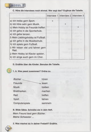 J ^ Q Ö U L W 
C. Höre die Interviews noch einmal. Wer sagt das? Ergänze die Tabelle.
Interview 1 Interview 2 Interview 3
a) Ich treibe gern Sport.
b) Ich höre sehr gern Musik.
c) Mein Hobby ist Freunde treffen.
d) Ich gehe in die Sportschule.
e) Ich gehe tanzen.
f) Mein Lieblingshobby ist Fußball.
g) Ich gehe in die Musikschule.
h) Ich spiele gern Fußball.
i) Wir reisen viel und fahren gern
Rad.
j) Mein Hobby ist Klavier spielen,
k) Ich singe auch gern im Chor.
+
+
+
D. Erzähle über die Kinder. Benutze die Tabelle.
1. A. Was passt zusammen? Ordne zu.
Bücher
Freunde
Musik
Briefmarken
Rad
Sport
Computerspiele
hören
lesen
treiben
machen
treffen
fahren
sammeln
B. Bilde Sätze. Schreibe sie in dein Heft.
Mein Freund liest gern Bücher.
Meine Schwester...
2. Was machst du in deiner Freizeit? Erzähle.
 