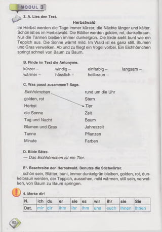 IMODUL 3
' 3. A. Lies den Text.
Herbstwald
Im Herbst werden die Tage immer kürzer, die Nächte länger und kälter.
Schön ist es im Herbstwald. Die Blätter werden golden, rot, dunkelbraun.
Nur die Tannen bleiben immer dunkelgrün. Die Erde sieht bunt wie ein
Teppich aus. Die Sonne wärmt mild. Im Wald ist es ganz still. Blumen
und Gras verwelken. Ab und zu fliegt ein Vogel vorbei. Ein Eichhörnchen
springt schnell von Baum zu Baum.
B. Finde im Text die Antonyme.
kürzer - windig - einfarbig -
wärmer - hässlich - hellbraun -
langsam -
C. Was passt zusammen? Sage.
Eichhörnchen
golden, rot
Herbst
die Sonne
Tag und Nacht
Blumen und Gras
Tanne
Minute
rund um die Uhr
Stern
Tier
Zeit
Baum
Jahreszeit
Pflanzen
Farben
D. Bilde Sätze.
— Das Eichhörnchen ist ein Tier.
E*. Beschreibe den Herbstwald. Benutze die Stichwörter.
schön sein, Blätter, bunt, immer dunkelgrün bleiben, golden, rot, dun­
kelbraun werden, der Teppich, aussehen, mild wärmen, still sein, verwel­
ken, von Baum zu Baum springen.
4. Merke dir!
N. Ich du er sie es wir ihr sie Sie
Dat. mir dir ihm ihr ihm uns euch ihnen Ihnen
 