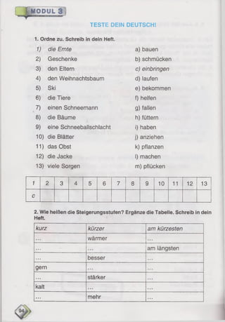 TESTE DEIN DEUTSCH!
1. Ordne zu. Schreib in dein Heft.
1) die Ernte a) bauen
2 ) Geschenke b) schmücken
3) den Eltern c) einbringen
4) den Weihnachtsbaum d) laufen
5) Ski e) bekommen
6) die Tiere f) helfen
7) einen Schneemann g) fallen
8) die Bäume h) füttern
9) eine Schneeballschlacht i) haben
10) die Blätter j) anziehen
11) das Obst k) pflanzen
12) die Jacke I) machen
13) viele Sorgen m) pflücken
1 2 3 4 5 6 7 8 9 10 11 1 2 13
c
2. Wie heißen die Steigerungsstufen? Ergänze die Tabelle. Schreib in dein
Heft.
kurz kürzer am kürzesten
... wärmer
... am längsten
... besser
gern
... stärker
kalt
... mehr ...
 