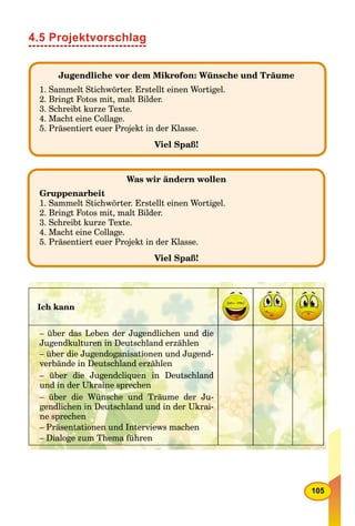 105
4.5 Projektvorschlag
Jugendliche vor dem Mikrofon: Wünsche und Träume
1. Sammelt Stichwörter. Erstellt einen Wortigel.
2. Bringt Fotos mit, malt Bilder.
3. Schreibt kurze Texte.
4. Macht eine Collage.
5. Präsentiert euer Projekt in der Klasse.
Viel Spaß!
Was wir ändern wollen
Gruppenarbeit
1. Sammelt Stichwörter. Erstellt einen Wortigel.
2. Bringt Fotos mit, malt Bilder.
3. Schreibt kurze Texte.
4. Macht eine Collage.
5. Präsentiert euer Projekt in der Klasse.
Viel Spaß!
Ich kann
– über das Leben der Jugendlichen und die
Jugendkulturen in Deutschland erzählen
– über die Jugendoganisationen und Jugend-
verbände in Deutschland erzählen
– über die Jugendcliquen in Deutschland
und in der Ukraine sprechen
– über die Wünsche und Träume der Ju-
gendlichen in Deutschland und in der Ukrai-
ne sprechen
– Präsentationen und Interviews machen
– Dialoge zum Thema führen
 