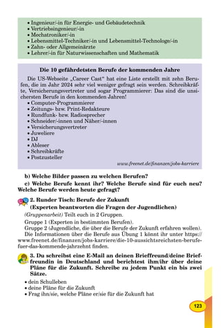 123
 Ingenieur/-in für Energie- und GebäudetechnikIngenieur/ in für Energie und Gebäudetechnik
 Vertriebsingenieur/-inVertriebsingenieur/ in
 Mechatroniker/-inMechatroniker/ in
 Lebensmittel-Techniker/-in und Lebensmittel-Technologe/-inLebensmittel Techniker/ in und Lebensmittel Technologe/ in
 Zahn- oder AllgemeinärzteZahn oder Allgemeinärzte
 Lehrer/-in für Naturwissenschaften und Mathematik
Die 10 gefährdetsten Berufe der kommenden Jahreg
Die US-Webseite „Career Cast“ hat eine Liste erstellt mit zehn Beru-
fen, die im Jahr 2024 sehr viel weniger gefragt sein werden. Schreibkräf-
te, Versicherungsvertreter und sogar Programmierer: Das sind die unsi-
chersten Berufe in den kommenden Jahren!chersten Berufe in den kommenden Jahren!
 Computer ProgrammiererComputer-Programmierer
 Zeitungs bzw Print RedakteureZeitungs- bzw. Print-Redakteure
 Rundfunk bzw RadiosprecherRundfunk- bzw. Radiosprecher
 Schneider/ innen und Näher/ innenSchneider/-innen und Näher/-innen
 VersicherungsvertreterVersicherungsvertreter
 JuweliereJuweliere
 DJDJ
 AbleserAbleser
 SchreibkräfteSchreibkräfte
 PostzustellerPostzusteller
www.freenet.de/ﬁnanzen/jobs-karriere
b) Welche Bilder passen zu welchen Berufen?
c) Welche Berufe kennt ihr? Welche Berufe sind für euch neu?
Welche Berufe werden heute gefragt?
2. Runder Tisch: Berufe der Zukunft
(Experten beantworten die Fragen der Jugendlichen)
(Gruppenarbeit) Teilt euch in 2 Gruppen.
Gruppe 1 (Experten in bestimmten Berufen).
Gruppe 2 (Jugendliche, die über die Berufe der Zukunft erfahren wollen).
Die Informationen über die Berufe aus Übung 1 könnt ihr unter https://
www.freenet.de/finanzen/jobs-karriere/die-10-aussichtsreichsten-berufe-
fuer-das-kommende-jahrzehnt ﬁnden.
3. Du schreibst eine E-Mail an deinen Brieffreund/deine Brief-
freundin in Deutschland und berichtest ihm/ihr über deine
Pläne für die Zukunft. Schreibe zu jedem Punkt ein bis zwei
Sätze.
 dein Schulleben
 deine Pläne für die Zukunft
 Frag ihn/sie, welche Pläne er/sie für die Zukunft hat
 