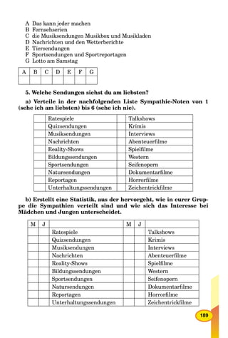 189
A Das kann jeder machen
B Fernsehserien
C die Musiksendungen Musikbox und Musikladen
D Nachrichten und den Wetterberichte
E Tiersendungen
F Sportsendungen und Sportreportagen
G Lotto am Samstag
A B C D E F G
5. Welche Sendungen siehst du am liebsten?
a) Verteile in der nachfolgenden Liste Sympathie-Noten von 1
(sehe ich am liebsten) bis 6 (sehe ich nie).
Ratespiele Talkshows
Quizsendungen Krimis
Musiksendungen Interviews
Nachrichten Abenteuerﬁlme
Reality-Shows Spielﬁlme
Bildungssendungen Western
Sportsendungen Seifenopern
Natursendungen Dokumentarﬁlme
Reportagen Horrorﬁlme
Unterhaltungssendungen Zeichentrickﬁlme
b) Erstellt eine Statistik, aus der hervorgeht, wie in eurer Grup-
pe die Sympathien verteilt sind und wie sich das Interesse bei
Mädchen und Jungen unterscheidet.
M J M J
Ratespiele Talkshows
Quizsendungen Krimis
Musiksendungen Interviews
Nachrichten Abenteuerﬁlme
Reality-Shows Spielﬁlme
Bildungssendungen Western
Sportsendungen Seifenopern
Natursendungen Dokumentarﬁlme
Reportagen Horrorﬁlme
Unterhaltungssendungen Zeichentrickﬁlme
 