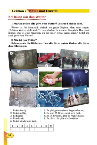 30
LeLektion 22.. Natur und Umwelt
2.1 Rund um das Wetter
1. Warum reden alle gern vom Wetter? Lest und merkt euch.
Wetter ist für Smalltalk einfach ein guter Beginn. Man kann sagen:
„Schönes Wetter, nicht wahr? ... – und schon ist man im Gespräch. Das passt
immer. Das ist eine Situation, zu der jeder etwas sagen kann.“ Redet ihr
auch gern vom Wetter?
2. Wie ist das Wetter?
Schaut euch die Bilder an. Lest die Sätze unten. Ordnet die Sätze
den Bildern zu.
A
B
C
D
E
F
G
H
I
1. Es ist frostig.
2. Es ist neblig.
3. Es hagelt.
4. Es schneit.
5. Es ist windig und kalt.
6. Es gibt gerade einen Regenschauer.
7. Es sind 35 Grad, es ist sehr heiß.
8. Es ist bewölkt, aber es regnet nicht.
9. Es blitzt. Es gibt ein Gewitter.
1 2 3 4 5 6 7 8 9
 