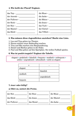 77
4. Wie heißt der Plural? Ergänzt.
das Top –
der Anorak –
der Pullover –
der Rock –
der Hut –
der Mantel –
das Kleid –
die Bluse –
die Jacke –
die Mütze –
die Jeans –
das Tuch –
der Gürtel –
das T-Shirt –
5. Was müssen diese Jugendlichen anziehen? Macht eine Liste.
1. Lea und Tina gehen ins Theater.
2. Hanna möchte einen Radausﬂug machen.
3. Tina und Mia machen eine Bergwanderung.
4. Daniel und Markus gehen in die Disko.
5. Paul und Max gehen auf den Sportplatz. Sie wollen Fußball spielen.
6. Was ist positiv/negativ? Ergänzt die Tabelle.
elegant  praktisch  hässlich  bequem  modisch  unbequem 
schön  unpraktisch  altmodisch  nicht so elegant
+ –
elegant
hässlich
modisch
unpraktisch
bequem
7. teuer oder billig?
a) Hört zu, notiert die Preise.
der Hut
das Kleid
der Pullover
die Hose
die Jeans
das Hemd
die Bluse
der Mantel
die Jacke
 