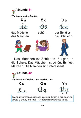 40
Stunde 41
Wir lesen und schreiben.
	 ä ä	 ö ö	 ü ü
	 	 	
das Mädchen	 schön	 der Schüler
das Märchen		 die Schülerin
Das Mädchen ist Schülerin. Es geht in
die Schule. Das Mädchen ist schön. Es liebt
Märchen. Die Märchen sind interessant.
Stunde 42
Wir lesen, schreiben und merken uns.
	 X x	 Q q	 Y y
	 	 	
Буква х читається як українське кс. Буква q вживається
лише у сполученні qu і читається як українське кв.
 