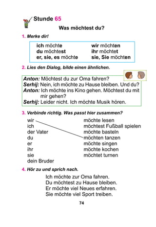 74
Stunde 65
Was möchtest du?
1. Merke dir!
ich möchte	 wir möchten
du möchtest	 ihr möchtet
er, sie, es möchte	 sie, Sie möchten
2. Lies den Dialog, bilde einen ähnlichen.
Anton: Möchtest du zur Oma fahren?
Serhij: Nein, ich möchte zu Hause bleiben. Und du?
Anton: Ich möchte ins Kino gehen. Möchtest du mit
mir gehen?
Serhij: Leider nicht. Ich möchte Musik hören.
3. Verbinde richtig. Was passt hier zusammen?
wir	 möchte lesen
ich	 möchtest Fußball spielen
der Vater	 möchte basteln
du	 möchten tanzen
er	 möchte singen
ihr	 möchte kochen
sie	 möchtet turnen
dein Bruder
4. Hör zu und sprich nach.
Ich möchte zur Oma fahren.
Du möchtest zu Hause bleiben.
Er möchte viel Neues erfahren.
Sie möchte viel Sport treiben.
 