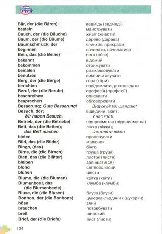 Bär, der (die Bären)
basteln
Bauch, der (die Bäuche)
Baum, der (die Bäume)
Baumschmuck, der
beginnen
Bein, das (die Beine)
bekannt
bekommen
bemalen
benutzen
Berg, der (die Berge)
berichten
Beruf, der (die Berufe)
beschreiben
besprechen
Besserung; Gute Besserung!
Besuch, der;
Wir haben Besuch.
Betrieb, der (die Betriebe)
Bett, das (die Betten);
das Bett machen
bieten
Bild, das (die Bilder)
Bingo, (das)
Birne, die (die Birnen)
Blatt, das (die Blätter)
bleiben
blond
blühen
Blume, die (die Blumen)
Blumenbeet, das
(die Blumenbeete)
Bluse, die (die Blusen)
Bonbon, der (die Bonbons)
böse
brauchen
breit
Brief, der (die Briefe)
ведмідь (ведмеді)
майструвати
живіт (животи)
дерево(дерева)
ялинкові прикраси
починати, починатися
нога(ноги)
відомий
отримувати
розмальовувати
використовувати
гора (гори)
повідомляти, розповідати
професія (професії)
описувати
обговорювати
Видужуй(те) швидше!
відвідини, візит;
У нас гості.
підприємство (підприємства)
ліжко (ліжка);
застеляти ліжко
пропонувати
малюнок
бінго
груша (груші)
листок (листя)
залишати(ся)
світловолосий
цвісти
квітка (квіти)
клумба (клумби)
блуза(блузи)
цукерка-льодяник (цукерки)
злий
потребувати
широкий
лист (листи)
134
 