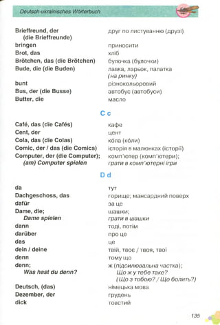 Deutsch-ukrainisches Wörterbuch
Brieffreund, der
(die Brieffreunde)
bringen
Brot, das
Brötchen, das (die Brötchen)
Bude, die (die Buden)
bunt
Bus, der (die Busse)
Butter, die
Café, das (die Cafés)
Cent, der
Cola, das (die Colas)
Comic, der / das (die Comics)
Computer, der (die Computer);
(am) Computer spielen
da
Dachgeschoss, das
dafür
Dame, die;
Dame spielen
dann
darüber
das
dein / deine
denn
denn;
Was hast du denn ?
Deutsch, (das)
Dezember, der
dick
друг по листуванню (друзі)
приносити
хліб
булочка(булочки)
лавка, ларьок, палатка
(на ринку)
різнокольоровий
автобус (автобуси)
масло
Се
кафе
цент
кола (коли)
історія в малюнках (історії)
комп’ютер (комп’ютери);
грати в ком п’ютерні ігри
О $
тут
горище; мансардний поверх
за це
шашки;
грати в шашки
тоді, потім
про це
це
твій, твоє /твоя, твої
тому що
ж (підсилювальна частка);
Щ о ж у тебе таке?
(Щ о з тобою?/ Щ о болить?)
німецька мова
грудень
товстий
135
 