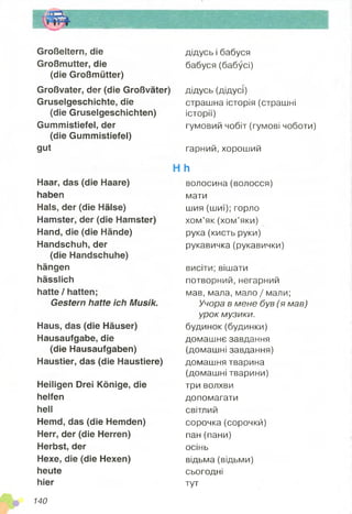Großeltern, die
Großmutter, die
(die Großmütter)
Großvater, der (die Großväter)
Gruselgeschichte, die
(die Gruselgeschichten)
Gummistiefel, der
(die Gummistiefel)
gut
Haar, das (die Haare)
haben
Hals, der (die Hälse)
Hamster, der (die Hamster)
Hand, die (die Hände)
Handschuh, der
(die Handschuhe)
hängen
hässlich
hatte / hatten;
Gestern hatte ich Musik.
Haus, das (die Häuser)
Hausaufgabe, die
(die Hausaufgaben)
Haustier, das (die Haustiere)
Heiligen Drei Könige, die
helfen
hell
Hemd, das (die Hemden)
Herr, der (die Herren)
Herbst, der
Hexe, die (die Hexen)
heute
hier
дідусь і бабуся
бабуся (бабусі)
дідусь (дідусі)
страшна історія (страшні
історії)
гумовий чобіт (гумові чоботи)
гарний, хороший
Ь
волосина (волосся)
мати
шия (шиї); горло
хом’як (хом’яки)
рука (кисть руки)
рукавичка(рукавички)
висіти; вішати
потворний,негарний
мав, мала, мало / мали;
Учора в мене був (я мав)
урок музики.
будинок(будинки)
домашнє завдання
(домашні завдання)
домашня тварина
(домашні тварини)
три волхви
допомагати
світлий
сорочка(сорочкй)
пан (пани)
осінь
відьма (відьми)
сьогодні
тут
140
 