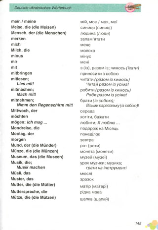 Deutsch-ukrainisches Wörterbuch
mein / meine
Meise, die (die Meisen)
Mensch, der (die Menschen)
merken
mich
Milch, die
minus
mir
mit
mitbringen
mitlesen;
Lies mit!
mitmachen;
Mach mit!
mitnehmen;
Nimm den Regenschirm mit!
Mittwoch, der
möchten
mögen; Ich m ag...
Mondreise, die
Montag, der
morgen
Mund, der (die Münder)
Münze, die (die Münzen)
Museum, das (die Museen)
Musik, die;
Musik machen
Müsli, das
Muster, das
Mutter, die (die Mütter)
Muttersprache, die
Mütze, die (die Mützen)
мій, моє / моя, мої
синиця (синиці)
людина (люди)
запам’ятати
мене
молоко
мінус
мені
з (із), разом із; чимось (їхати)
приносити з собою
читати (разом із кимось)
Читай разом із усіма!
робити (разом із кимось)
Роби разом із усіма!
брати (із собою);
Візьми парасольку(із собою)!
середа
хотіти, бажати
любити; Я лю блю ...
подорож на Місяць
понеділок
завтра
рот(роти)
монета (монети)
музей (музеї)
урок музики; музика;
грати на інструменті
мюслі
зразок
матір (матері)
рідна мова
шапка (шапки)
145
 