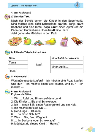 17
Lektion 1. Wir wohnen hier
4. Wer kauft was?
a) Lies den Text.
Nach der Schule gehen die Kinder in den Supermarkt.
Nina möchte eine Tafel Schokolade kaufen. Tanja kauft
Bonbons und eine Birne. Katja kauft einen Apfel und ein
Päckchen Gummibären. Ilona kauft eine Pizza.
Jetzt gehen die Mädchen in den Park.
b) Fülle die Tabelle im Heft aus.
Nina
kauft
eine Tafel Schokolade.
Tanja
einen Apfel...
Ilona
5. Kettenspiel.
Was möchtest du kaufen? – Ich möchte eine Pizza kaufen.
Und du? – Ich möchte einen Ball kaufen. Und du? – Ich
möchte …
6. Wer kauft was?
Ergänze die Sätze.
1. Wir … Äpfel und Birnen auf dem Land.
2. Die Kinder … Eis und Schokolade.
3. Ich … einen Stift, einen Radiergummi und ein Heft.
4. Ich möchte mir eine CD …
5. Der Junge … Blumen.
6. … du diese Schuhe?
7. Was … Sie, Frau Wagner?
8. … ihr Bonbons oder Schokolade?
9. Möchtest du dieses Kleid …, Hanna?
 