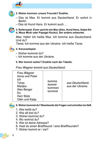 6
2. Woher kommen unsere Freunde? Erzähle.
–	Das ist Max. Er kommt aus Deutschland. Er wohnt in
	Berlin.
– Das ist Hund Hans. Er kommt auch …
3. Rollenspiel. Einer spricht wie Max (Alex, Hund Hans, Katze Kit­
ti, Maus Micki oder Papagei Kocko). Der andere antwortet.
Max: Hallo! Ich heiße Max. Ich komme aus Deutschland.
Und du?
Taras: Ich komme aus der Ukraine. Ich heiße Taras.
4. Karussellspiel.
– Woher kommst du?
– Ich komme aus der Ukraine.
5. Wer kommt woher? Erzähle nach der Tabelle.
Frau Wagner kommt aus Deutschland.
Frau Wagner
Anna und Peter
Ich
Taras
Marijka
Alex Berger
Du
Herr Stolz
Oleh und Katja
komme
kommt
kommen
kommst
aus Deutschland.
aus der Ukraine.
6. Woher kommst du? Beantworte die Fragen und schreibe ins Heft.
1. Wie heißt du?
2. Wie alt bist du?
3. Woher kommst du?
4. Wo wohnst du?
5. Wie ist deine Adresse?
6. Hast du einen Brieffreund / eine Brieffreundin?
7. Woher kommt er / sie?
 
