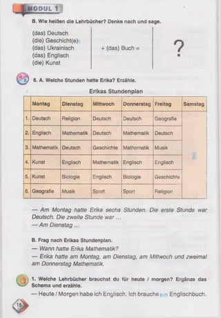 m m L I
B. Wie heißen die Lehrbücher? Denke nach und sage.
(das) Deutsch
(die) Geschicht(e)s
(das) Ukrainisch
(das) Englisch
(die) Kunst
+ (das) Buch =
%) 6. A. Welche Stunden hatte Erika? Erzähle.
Erikas Stundenplan
9
Montag Dienstag
--------- ---
Mittwoch Donnerstag Freitag Samstag
1. Deutsch Religion Deutsch Deutsch Geografie
2. Englisch Mathematik Deutsch Mathematik Deutsch
3. Mathematik Deutsch Geschichte Mathematik Musik
4. Kunst Englisch Mathematik Englisch Englisch
5, Kunst Biologie Englisch Biologie Geschichte
6. Geografie Musik Sport Sport Religion
— Am Montag hatte Erika sechs Stunden. Die erste Stunde war
Deutsch. Die zweite Stunde war...
— Am Dienstag...
B. Frag nach Erikas Stundenplan.
— Wann hatte Erika Mathematik?
— Erika hatte am Montag, am Dienstag, am Mittwoch und zweimal
am Donnerstag Mathematik.
1. Welche Lehrbücher brauchst du für heute / morgen? Ergänze das
Schema und erzähle.
— Heute / Morgen habe ich Englisch. Ich brauche ein Englischbuch.
 