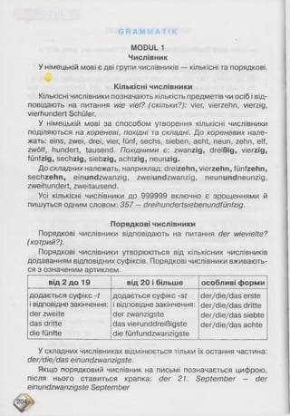 G R A M M A T I K
MODUL 1
Числівник
У німецькій мові є дві групи числівників — кількісні та порядкові.
' Л
.
Кількісні числівники
Кількісні числівники позначають кількість предметів чи осіб і від­
повідають на питання wie viel? (скільки?): vier, vierzehn, vierzig,
vierhundert Schüler.
У німецькій мові за способом утворення кількісні числівники
поділяються на кореневі, похідні та складні. До кореневих нале­
жать: eins, zwei, drei, vier, fünf, sechs, sieben, acht, neun, zehn, elf,
zwölf, hundert, tausend. Похідними є: zwanzig, dreißig, vierzig,
fünfzig, sechzig, siebzig, achtzig, neunzig.
До складних належать, наприклад: dreizehn, vierzehn, fünfzehn,
sechzehn, einundzwanzig, zweiundzwanzig, neunundneunzig,
zweihundert, zweitausend.
Усі кількісні числівники до 999999 включно є зрощеннями й
пишуться одним словом: 357 —dreihundertsiebenundfünfzig.
Порядкові числівники
Порядкові числівники відповідають на питання der wievielte?
(котрий?).
Порядкові числівники утворюються від кількісних числівників
додаванням відповідних суфіксів. Порядкові числівники вживають­
ся з означеним артиклем.
від 2 до 19 від 20 і більше особливі форми
додається суфікс -t
і відповідне закінчення:
der zweite
das dritte
die fünfte
додається суфікс -st
і відповідне закінчення:
der zwanzigste
das vierunddreißigste
die fünfundzwanzigste
der/die/das erste
der/die/das dritte
der/die/das siebte
der/die/das achte
У складних числівниках відмінюється тільки їх остання частина:
der/die/das einundzwanzigste.
Якщо порядковий числівник на письмі позначається цифрою,
після нього ставиться крапка: der 21. September — der
einundzwanzigste September
 