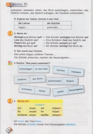 ODUL 1
$
aufpassen, bestrafen, loben, das Buch aufschlagen, unterrichten, das
Gedicht vorlesen, das Gedicht aufsagen, die Vokabeln aufschreiben
B. Ergänze die Tabelle. Schreib in dein Heft.
die Lehrer die Schüler
fragen, ... antworten, ...
C. Merke dir!
Schlagteure Bücher auf!
Lies das Gedicht vor!
Passt bitte gut auf!
Schlag das Buch zu!
Alle Schüler schlagen ihre Bücher auf.
Eine Schülerin liest das Gedicht vor.
Die Schüler passen gut auf.
Ein Schüler schlägt das Buch zu.
D. Wer macht was? Erzähle.
Die Lehrer fragen, erklären Themen, ...
Die Schüler antworten, machen die Hausaufgaben, ...
müssen
Ich muss wir müssen
du musst ihr müsst
er/sie/es muss sie/Sie müssen
Ich must den Text lesen.
Die Schüler muss immer ihre Hausaufgaben machen.
 