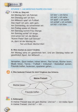 [ | M O D U L 2 }
ich schlaf = ich schlafe
ich hör’ = ich höre
STUNDE 1. AM MONTAG FAHRE ICH RAD
1. A Hör zu. Sing mit.
Am Montag fahr’ ich Fahrrad. ich fahr’ = ich fahre
Am Dienstag seh’ ich fern. ich seh’ = ich sehe
Am Mittwoch spiel’ ich Fußball. j0}1sPj®' „ ich spiele
Das mach’ ich sehr, sehr gern.
Am Donnerstag, da schwimmen wir.
Am Freitag spiele ich Klavier.
Am Samstag kommt Frau Stange.
Am Sonntag schlaf ich lange.
Und schon hör’ ich die Mama:
’’Komm Peter! Steh auf! Schule!“
Ja, dann ist der Montag da.
Text und Musik: Manfred Wahl
B. Was machst du wann? Erzähle.
Am Montag sehe ich gewöhnlich fern. Und am Dienstag treibe ich
gewöhnlich Sport. Am Mittwoch ...
fern$ehen, Sport treiben, Inliner fahren, Rad fahren, Bücher lesen,
Musik hören, Tennis / Fußball / Volleyball / Basketball spielen,
Freunde treffen, faulenzen, spazieren gehen,...
* 2. Was bedeutet Freizeit für dich? Ergänze das Schema.
3. Kettenspiel.
In meiner Freizeit lese ich gern Bücher. Und du? — Ich treibe Sport
in meiner Freizeit. Und du? — Ich ...
 