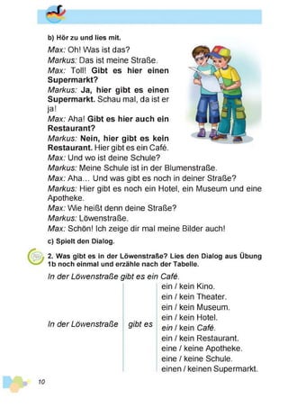 b) Hör zu und lies mit.
Max: Oh! Was ist das?
Markus: Das ist meine Straße.
Max: Toll! Gibt es hier einen
Supermarkt?
Markus: Ja, hier gibt es einen
Supermarkt. Schau mal, da ist er
ja!
Max: Aha! Gibt es hier auch ein
Restaurant?
Markus: Nein, hier gibt es kein
Restaurant. Hier gibt es ein Café.
Max: Und wo ist deine Schule?
Markus: Meine Schule ist in der Blumenstraße.
Max: Aha... Und was gibt es noch in deiner Straße?
Markus: Hier gibt es noch ein Hotel, ein Museum und eine
Apotheke.
Max: Wie heißt denn deine Straße?
Markus: Löwenstraße.
Max: Schön! Ich zeige dir mal meine Bilder auch!
c) Spielt den Dialog.
2. Was gibt es in der Löwenstraße? Lies den Dialog aus Übung
1b noch einmal und erzähle nach der Tabelle.
In der Löwenstraße gibt es ein Café.
ein / kein Kino
In der Löwenstraße gibt es
ein / kein Theater,
ein / kein Museum,
ein / kein Hotel.
ein / kein Café.
ein / kein Restaurant,
eine / keine Apotheke,
eine / keine Schule,
einen / keinen Supermarkt
10
 