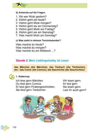 b) Antworte auf die Fragen.
1. Wo war Micki gestern?
2. Wohin geht sie heute?
3. Wohin geht Micki morgen?
4. Wohin geht sie am Donnerstag?
5. Wohin geht Micki am Freitag?
6. Wohin geht sie am Samstag?
7. Was macht Micki am Sonntag?
c) Was steht in deinem Terminkalender?
Was machst du heute?
Was machst du morgen?
Was machst du am Mittwoch ...?
Stunde 3. Mein Lieblingshobby ist Lesen
das Märchen (die Märchen), das Tierbuch (die Tierbücher),
der / das Comic (die Comics), die Geschichte (die Geschichten)
1. Kettenrap.
Ich lese gern Märchen.
Du liest gern Comics.
Er liest gern Piratengeschichten.
Sie liest gern Tierbücher.
Wir lesen gern.
Ihr lest gern.
Sie lesen gern.
Lest ihr auch gern?
110
 