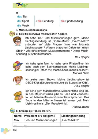 + die Sendung die Sportsendung
B
das Tier
der Sport
die Musik
4. Meine Lieblingssendung.
a) Lies die Interviews mit deutschen Kindern.
Ich sehe Tier- und Musiksendungen gern. Meine
Lieblingssendung ist „Do-Re-Mikro“. „Do-Re-Mikro“
antwortet auf viele Fragen: Was war Mozarts
Lieblingsessen? Warum brauchen Dirigenten einen
Stock? Wie funktionieren Musikinstrumente? Diese Musik­
sendung ist sehr interessant.
Max Berger
Ich sehe gern fern. Ich sehe gern Piratenfilme. Ich
sehe auch gern Sportsendungen. Meine Lieblings­
sendung ist „Mach mit, mach’s nach, mach’s besser!“.
Markus Stein
Ich sehe gern Shows. Meine Lieblingsshow ist
DSDS-Kids (Deutschland sucht die Superstar-Kids).
Alex Berger
Ich sehe gern Märchenfilme. Märchenfilme sind toll.
In den Märchenfilmen gibt es Feen und Zauberer.
In den Märchenfilmen können Tiere sprechen. Das
Ende in den Märchenfilmen ist immer gut. Mein
Lieblingsfilm ist „Der Froschkönig“.
b) Ergänze die Tabelle im Heft.
Hanna Müller
Name Was sieht er / sie gern? Lieblingssendung
Max Tier- und Musiksendungen „Do-Re-Mikro“
... ...
116
 