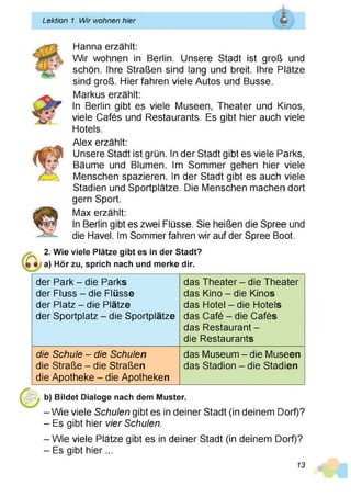 Lektion 1. Wir wohnen hier Q
УЖ
f
______________________________________________________________
Hanna erzählt:
Wir wohnen in Berlin. Unsere Stadt ist groß und
schön. Ihre Straßen sind lang und breit. Ihre Plätze
sind groß. Hier fahren viele Autos und Busse.
Markus erzählt:
In Berlin gibt es viele Museen, Theater und Kinos,
viele Cafés und Restaurants. Es gibt hier auch viele
Hotels.
Alex erzählt:
Unsere Stadt ist grün. In der Stadt gibt es viele Parks,
Bäume und Blumen. Im Sommer gehen hier viele
Menschen spazieren. In der Stadt gibt es auch viele
Stadien und Sportplätze. Die Menschen machen dort
gern Sport.
Max erzählt:
In Berlin gibt es zwei Flüsse. Sie heißen die Spree und
die Havel. Im Sommer fahren wir auf der Spree Boot.
2. Wie viele Plätze gibt es in der Stadt?
a) Hör zu, sprich nach und merke dir.
der Park - die Parks
der Fluss - die Flüsse
der Platz - die Plätze
der Sportplatz - die Sportplätze
das Theater - die Theater
das Kino - die Kinos
das Hotel - die Hotels
das Café - die Cafés
das Restaurant -
die Restaurants
die Schule - die Schulen
die Straße - die Straßen
die Apotheke - die Apotheken
das Museum - die Museen
das Stadion - die Stadien
b) Bildet Dialoge nach dem Muster.
- Wie viele Schulen gibt es in deiner Stadt (in deinem Dorf)?
- Es gibt hier vier Schulen.
- Wie viele Plätze gibt es in deiner Stadt (in deinem Dorf)?
- Es gibt hier...
13
 
