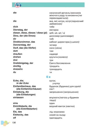 т
die
die
dich
Dienstag, der
dieser, diese, dieses / diese (pl)
Dino, der (die Dinos)
dir
Direktorzimmer, das
Donnerstag, der
Dorf, das (die Dörfer)
dort
draußen
drehen
drei
Dreikönigstag, der
dreißig
dreizehn
du
Ecke, die;
in der Ecke
Einfamilienhaus, das
(die Einfamilienhäuser)
Einladung, die
(die Einladungen)
einlassen
eins
Eintrittskarte, die
(die Eintrittskarten)
Eis, das
Eishocky, das
elf
означений артикль іменників
жіночого роду та множини ('не
перекладається);
яка, які; котра, котрі (відносний
займенник)
тебе
вівторок
цей, ця, це / ці
динозавр(динозаври)
тобі
кабінет директора (у школі)
четвер
село (сёла)
там
надворі
крутити (колесо)
три
Свято Богоявления
тридцять
тринадцять
ти
Е е
куток;
у кутку
будинок (будинки) для однієї
сім’ї
запрошення (запрошення)
впускати ( когось у будинок
тощо)
один
вхідний квиток (квитки)
лід; морозиво
хокей на льоду
одинадцять
136
 