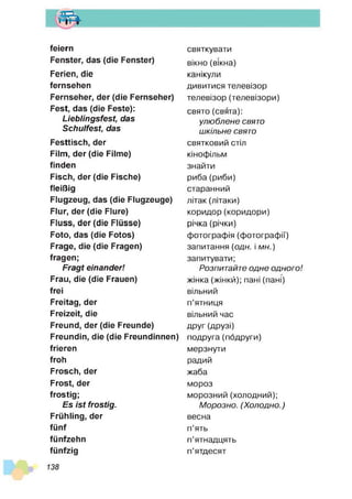 т
feiern
Fenster, das (die Fenster)
Ferien, die
fernsehen
Fernseher, der (die Fernseher)
Fest, das (die Feste):
Lieblingsfest, das
Schulfest, das
Festtisch, der
Film, der (die Filme)
finden
Fisch, der (die Fische)
fleißig
Flugzeug, das (die Flugzeuge)
Flur, der (die Flure)
Fluss, der (die Flüsse)
Foto, das (die Fotos)
Frage, die (die Fragen)
fragen;
Fragt einander!
Frau, die (die Frauen)
frei
Freitag, der
Freizeit, die
Freund, der (die Freunde)
Freundin, die (die Freundinnen)
frieren
froh
Frosch, der
Frost, der
frostig;
Es ist frostig.
Frühling, der
fünf
fünfzehn
fünfzig
святкувати
вікно (вікна)
канікули
дивитися телевізор
телевізор (телевізори)
свято (свята):
ул ю б л ен е СВЯТО
ш кільне СВЯТО
святковий стіл
кінофільм
знайти
риба(риби)
старанний
літак (літаки)
коридор (коридори)
річка (річки)
фотографія (фотографії)
запитання (о д н . і мн.)
запитувати;
Розпитайте о д н е одного!
жінка (жінкй); пані (пані)
вільний
п’ятниця
вільний час
друг (друзі)
подруга (подруги)
мерзнути
радий
жаба
мороз
морозний (холодний);
М о р о зн о . (Х о л о д н о .)
весна
п’ять
п’ятнадцять
п’ятдесят
138
 
