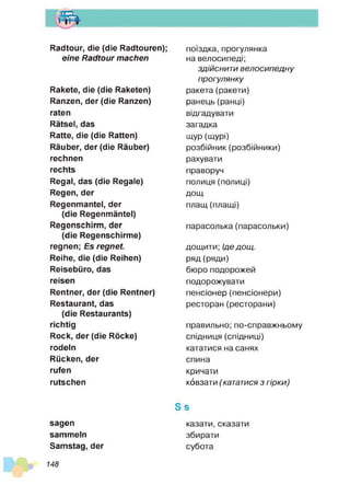 т
Radtour, die (die Radtouren);
eine R adtour machen
Rakete, die (die Raketen)
Ranzen, der (die Ranzen)
raten
Rätsel, das
Ratte, die (die Ratten)
Räuber, der (die Räuber)
rechnen
rechts
Regal, das (die Regale)
Regen, der
Regenmantel, der
(die Regenmäntel)
Regenschirm, der
(die Regenschirme)
regnen; Es regnet.
Reihe, die (die Reihen)
Reisebüro, das
reisen
Rentner, der (die Rentner)
Restaurant, das
(die Restaurants)
richtig
Rock, der (die Röcke)
rodeln
Rücken, der
rufen
rutschen
sagen
sammeln
Samstag, der
поїздка, прогулянка
на велосипеді;
здійснит и в ел о с и п ед н у
прогулянку
ракета(ракети)
ранець (ранці)
відгадувати
загадка
щур (щурі)
розбійник (розбійники)
рахувати
праворуч
полиця (полиці)
дощ
плащ (плащі)
парасолька(парасольки)
дощити; Ід е дощ .
ряд (ряди)
бюро подорожей
подорожувати
пенсіонер (пенсіонери)
ресторан(ресторани)
правильно; по-справжньому
спідниця (спідниці)
кататися на санях
спина
кричати
ковзати ( кататися з гірки)
Б в
казати, сказати
збирати
субота
148
 
