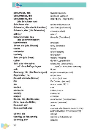 т
Schulhaus, das
Schulmensa, die
Schultasche, die
(die Schultaschen)
Schulzoo, der
Schwalbe, die (die Schwalben)
Schwein, das (die Schweine)
schwer
Schwimmbad, das
(die Schwimmbäder)
schwimmen
Show, die (die Shows)
sechs
sechzehn
sechzig
See, der (die Seen)
sehen
Seil, das (die Seile);
m it dem Seil springen
sein
Sendung, die (die Sendungen)
September, der
Sessel, der (die Sessel)
Sie
sie
sieben
siebzehn
siebzig
singen
Socke, die (die Socken)
Sofa, das (die Sofas)
Sommer, der
Sommerfest, das
Sonne, die
sonnig; Es is t sonnig.
Sonntag, der
будівля школи
шкільна їдальня
портфель (портфелі)
шкільний зоопарк
ластівка (ластівки)
свиня (свині)
важко
басейн(басейни)
плавати
шоу, вистава
шість
шістнадцять
шістдесят
озеро(озера)
бачити, дивитися
скакалка (скакалки);
стрибати ч ер ез ска ка л ку
його
передача (передачі)
вересень
крісло (крісла)
Ви (ввічл. ф о р м а)
вона, вони / її, їх
сім
сімнадцять
сімдесят
співати
шкарпетка (шкарпетки)
диван(дивани)
літо
свято в кінці навчального року
( н а п е р е д о д н і літніх канікул)
сонце
сонячний; Сонячно.
неділя
150
 