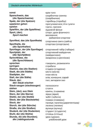 Deutsch-ukrainisches Wörterbuch
sonst
Sparschwein, das
(die Sparschweine)
Spatz, der (die Spatzen)
spazieren gehen
spielen
Spielfilm, der (die Spielfilme)
Sport, (der);
S port machen
Sportfest, das (die Sportfeste)
Sporthalle, die
(die Sporthallen)
Sportlager, der (die Sportlager)
Sportplatz, der
(die Sportplätze)
Sprechblase, die
(die Sprechblasen)
sprechen
springen
Stadion, das (die Stadien)
Stadt, die (die Städte)
Stadtplan, der
Stall, der (die Ställe)
Staub, der;
den Staub wischen
Staub saugen (staubsaugen)
stehen
Stein, (der); aus Stein
Stern, der (die Sterne)
Stiefel, der (die Stiefel)
Stock, der (die Stockwerke)
Stock, der
Storch, der (die Störche)
Straße, die (die Straßen)
Student, der (die Studenten)
Stuhl, der (die Stühle)
Stunde, die (die Stunden);
die Lieblingsstunde
крім того
скарбничка-свинка
(скарбнички)
горобець (горобці)
прогулюватися; йти гуляти
грати,гратися
художній фільм
спорт; урок фізичного
виховання;
займат ися спортом
спортивне свято (свята)
спортзал(спортзали)
спортивний табір (табори)
спортивний майданчик
(майданчики)
хмаринка (з реплікою)
говорити, розмовляти
стрибати
стадіон (стадіони)
місто (міста)
план міста
хлів; конюшня; сарай
пил; витирати пил
пилососити
стояти
камінь; із кам ен ю
зірка (зіркй)
чобіт (чоботи)
поверх(поверхи)
палиця; паличка (диригент ська)
лелека (лелеки)
вулиця (вулиці)
студент (студенти)
стілець (стільці)
урок (уроки);
ул ю б л ен ий ур о к
151
 