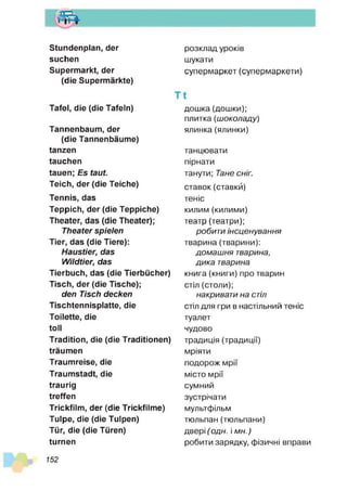 т
Stundenplan, der розклад уроків
suchen шукати
Supermarkt, der супермаркет (супермаркети)
(die Supermärkte)
Tafel, die (die Tafeln)
Tannenbaum, der
(die Tannenbäume)
tanzen
tauchen
tauen; Es taut.
Teich, der (die Teiche)
Tennis, das
Teppich, der (die Teppiche)
Theater, das (die Theater);
Theater spielen
Tier, das (die Tiere):
Haustier, das
W ildtier, das
Tierbuch, das (die Tierbücher)
Tisch, der (die Tische);
den Tisch decken
Tischtennisplatte, die
Toilette, die
toll
Tradition, die (die Traditionen)
träumen
Traumreise, die
Traumstadt, die
traurig
treffen
Trickfilm, der (die Trickfilme)
Tulpe, die (die Tulpen)
Tür, die (die Türen)
turnen
дошка (дошки);
плитка (ш о ко л ад у)
ялинка (ялинки)
танцювати
пірнати
танути; Тане сніг.
ставок(ставки)
теніс
килим (килими)
театр (театри);
робити інсц енування
тварина (тварини):
д о м а ш н я тварина,
д и к а тварина
книга (книги) про тварин
стіл (столи);
накривати на стіл
стіл для гри в настільний теніс
туалет
чудово
традиція (традиції)
мріяти
подорож мрії
місто мрії
сумний
зустрічати
мультфільм
тюльпан (тюльпани)
двері (о д н . і м н .)
робити зарядку, фізичні вправи
152
 