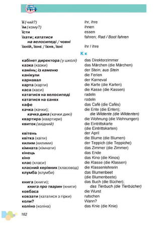 т
ї ї (ч и й ? )
їм(ко м у ? )
їсти
їхати; кат атися
н а в е л о с и п е д і / ч о в н і
їхній,їхнє/їхня,їхні
кабінетдиректора(у ш колі)
казка (казки)
камінь; із к а м е н ю
канікули
карнавал
карта (карти)
каса (каси)
кататися навелосипеді
кататися насанях
каф
е
качка (качки);
к а ч к а д и к а (ка ч ки д и к і)
квартира (квартири)
квиток(вхідний)
квітень
квітка(квіти)
килим(килими)
кімната (кімнати)
кінець
кіно
клас (класи)
класний керівник(класовод)
клумба (клумби)
книга (книги);
к н и г а п р о т варин (книги)
ковбаса
ковзати (кататися з гірки)
коли?
коліно(коліна)
ihr, ihre
ihnen
essen
fahren; R a d / Boot fahren
ihr / ihre
K k
das Direktorzimmer
das Märchen (die Märchen)
der Stein; aus Stein
die Ferien
der Karneval
die Karte (die Karten)
die Kasse (die Kassen)
radeln
rodeln
das Café (die Cafés)
die Ente (die Enten);
die W ildente (die W ildenten)
die Wohnung (die Wohnungen)
die Eintrittskarte
(die Eintrittskarten)
der April
die Blume (die Blumen)
der Teppich (die Teppiche)
das Zimmer (die Zimmer)
das Ende
das Kino (die Kinos)
die Klasse (die Klassen)
die Klassenlehrerin
das Blumenbeet
(die Blumenbeete)
das Buch (die Bücher);
das Tierbuch (die Tierbücher)
die Wurst
rutschen
Wann?
das Knie (die Knie)
162
 