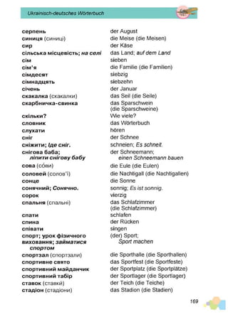 Ukrainisch-deutsches Wörterbuch
серпень
синиця (синиці)
сир
сільська місцевість; на се л і
сім
сім’я
сімдесят
сімнадцять
січень
скакалка (скакалки)
скарбничка-свинка
скільки?
словник
слухати
сніг
сніж
ити; Іде сніг.
снігова баба;
ліпити снігову бабу
сова (сови)
соловей (солов’ї)
сонце
сонячний; Сонячно.
сорок
спальня (спальні)
спати
спина
співати
спорт; урокф
ізичного
виховання; займатися
спортом
спортзал (спортзали)
спортивне свято
спортивний майданчик
спортивнийтабір
ставок (ставки)
стадіон (стадіони)
der August
die Meise (die Meisen)
der Käse
das Land; a u f dem Land
sieben
die Familie (die Familien)
siebzig
siebzehn
der Januar
das Seil (die Seile)
das Sparschwein
(die Sparschweine)
Wie viele?
das Wörterbuch
hören
der Schnee
schneien; Es schneit.
der Schneemann;
einen S chneem ann bauen
die Eule (die Eulen)
die Nachtigall (die Nachtigallen)
die Sonne
sonnig; Es ist sonnig.
vierzig
das Schlafzimmer
(die Schlafzimmer)
schlafen
der Rücken
singen
(der) Sport;
Sport m achen
die Sporthalle (die Sporthallen)
das Sportfest (die Sportfeste)
der Sportplatz (die Sportplätze)
der Sportlager (die Sportlager)
der Teich (die Teiche)
das Stadion (die Stadien)
169
 