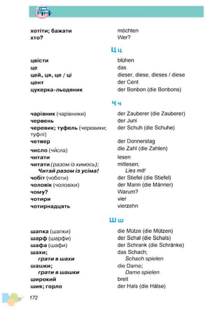 т
хотіти; бажати
хто?
цвісти
це
цей, ця, це / ці
цент
цукерка-льодяник
чарівник (чарівники)
червень
черевик; туфель (черевики;
туфлі)
четвер
число (числа)
читати
читати (разом із кимось);
Читай р а зо м із усім а !
чобіт (чоботи)
чоловік (чоловіки)
чому?
чотири
чотирнадцять
шапка (шапки)
шарф (шарфи)
шафа (шафи)
шахи;
грати в ш ахи
шашки;
грати в ш аш ки
широкий
шия; горло
möchten
Wer?
U u
blühen
das
dieser, diese, dieses / diese
der Cent
der Bonbon (die Bonbons)
Hm
der Zauberer (die Zauberer)
der Juni
der Schuh (die Schuhe)
der Donnerstag
die Zahl (die Zahlen)
lesen
mitlesen;
Lies mit!
der Stiefel (die Stiefel)
der Mann (die Männer)
Warum?
vier
vierzehn
LULU
die Mütze (die Mützen)
der Schal (die Schals)
der Schrank (die Schränke)
das Schach;
Schach spielen
die Dame;
Dame spielen
breit
der Hals (die Hälse)
172
 