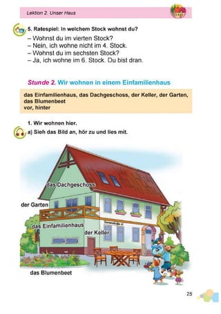 Lektion 2. Unser Haus
5. Ratespiel: In welchem Stock wohnst du?
- Wohnst du im vierten Stock?
- Nein, ich wohne nicht im 4. Stock.
- Wohnst du im sechsten Stock?
- Ja, ich wohne im 6. Stock. Du bist dran.
Stunde 2. Wir wohnen in einem Einfamilienhaus
das Einfamilienhaus, das Dachgeschoss, der Keller, der Garten,
das Blumenbeet
vor, hinter
1. Wir wohnen hier.
Sieh das Bild an, hör zu und lies mit.
das Blumenbeet
25
 