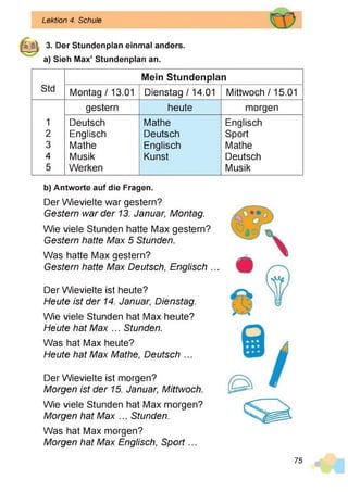 Lektion 4. Schule
3. Der Stundenplan einmal anders,
a) Sieh Max’ Stundenplan an.
Mein Stundenplan
Std Montag /13.01 Dienstag /14.01 Mittwoch /15.01
gestern heute morgen
1 Deutsch Mathe Englisch
2 Englisch Deutsch Sport
3 Mathe Englisch Mathe
4 Musik Kunst Deutsch
5 Werken Musik
b) Antworte auf die Fragen.
Der Wievielte war gestern?
Gestern war der 13. Januar, Montag.
Wie viele Stunden hatte Max gestern?
Gestern hatte Max 5 Stunden.
Was hatte Max gestern?
Gestern hatte Max Deutsch, Englisch ...
Der Wievielte ist heute?
Heute ist der 14. Januar, Dienstag.
Wie viele Stunden hat Max heute?
Heute hat Max ... Stunden.
Was hat Max heute?
Heute hat Max Mathe, Deutsch ...
Der Wievielte ist morgen?
Morgen ist der 15. Januar, Mittwoch.
Wie viele Stunden hat Max morgen?
Morgen hat Max ... Stunden.
Was hat Max morgen?
Morgen hat Max Englisch, Sport...
75
 