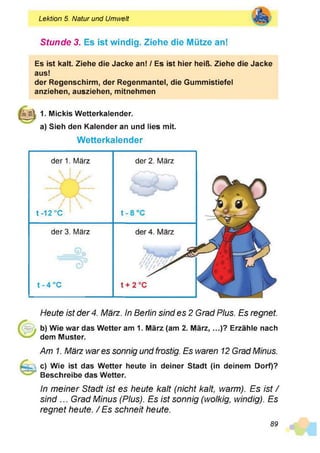 Lektion 5. Natur und Umwelt
Stunde 3. Es ist windig. Ziehe die Mütze an!
Es ist kalt. Ziehe die Jacke an! / Es ist hier heiß. Ziehe die Jacke
aus!
der Regenschirm, der Regenmantel, die Gummistiefel
anziehen, ausziehen, mitnehmen
1. Mickis Wetterkalender.
a) Sieh den Kalender an und lies mit.
Wetterkalender
der 3. März
t - 4 °C t
der 1. März
* V ! / ^
t -12 °C
der 2. März
t
Heute ist der 4. März. In Berlin sind es 2 Grad Plus. Es regnet.
b) Wie war das Wetter am 1. März (am 2. März, ...)? Erzähle nach
dem Muster.
Am 1. März war es sonnig und frostig. Es waren 12 Grad Minus.
c) Wie ist das Wetter heute in deiner Stadt (in deinem Dorf)?
Beschreibe das Wetter.
In meiner Stadt ist es heute kalt (nicht kalt, warm). Es ist /
sind ... Grad Minus (Plus). Es ist sonnig (wolkig, windig). Es
regnet heute. /E s schneit heute.
89
 