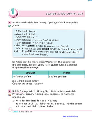 Le kt
i
o
n
12
Lektion 1. Hier leben wir
1 Stunde 3. Wo wohnst du?
5 a) Hört und spielt den Dialog. Прослухайте й розіграйте
діалог.
Julia: Hallo Lukas!
Lukas: Hallo Julia!
Julia: Wo lebst du?
Lukas: Ich lebe in einem Dorf. Und du?
Julia: Ich lebe in einer Kleinstadt.
Lukas: Wie gefällt dir das Leben in einer Stadt?
Julia: Es ist klasse! Wie gefällt dir das Leben auf dem Land?
Lukas: Es gefällt mir nicht sehr gut. Ich finde das Leben in
einer Stadt viel besser.
b) Achte auf die markierten Wörter im Dialog und lies
die Beispiele. Зверни увагу на виділені слова у діалозі
й прочитай приклади.
Singular Plural
er/sie/es gefällt sie/Sie gefallen
Mir gefällt diese Stadt.
Gefallen dir diese Häuser?
6 Spielt Dialoge wie in Übung 5a mit dem Wortmaterial.
Розіграйте діалоги з поданими словами за зразком
вправи 5а.
1) A: in der Hauptstadt leben → super;
B: in einer Großstadt leben → nicht sehr gut → das Leben
auf dem Land viel schöner finden;
5
6
www.e-ranok.com.ua
 