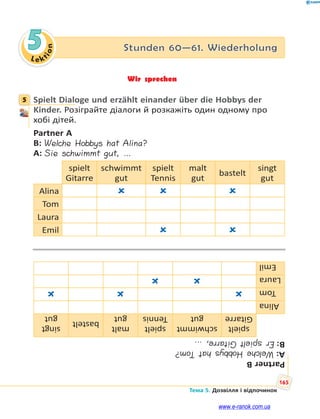 Le kt
i
o
n
165
Тема 5. Дозвілля і відпочинок
5 Stunden 60—61. Wiederholung
Wir sprechen
5 Spielt Dialoge und erzählt einander über die Hobbys der
Kinder. Розіграйте діалоги й розкажіть один одному про
хобі дітей.
Partner A
B: Welche Hobbys hat Alina?
A: Sie schwimmt gut, …
spielt
Gitarre
schwimmt
gut
spielt
Tennis
malt
gut
bastelt
singt
gut
Alina   
Tom
Laura
Emil  
Partner
B
A:
Welche
Hobbys
hat
Tom?
B:
Er
spielt
Gitarre,
…
spielt
Gitarre
schwimmt
gut
spielt
Tennis
malt
gut
bastelt
singt
gut
Alina
Tom



Laura


Emil
5
www.e-ranok.com.ua
 