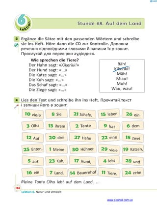 Le kt
i
o
n
186
Lektion 6. Natur und Umwelt
6 Stunde 68. Auf dem Land
3 Ergänze die Sätze mit den passenden Wörtern und schreibe
sie ins Heft. Höre dann die CD zur Kontrolle. Доповни
речення відповідними словами й запиши їх у зошит.
Прослухай для перевірки аудіодиск.
Wie sprechen die Tiere?
Der Hahn sagt: «Kikeriki!»
Der Hund sagt: «…»
Die Katze sagt: «…»
Die Kuh sagt: «…»
Das Schaf sagt: «…»
Die Ziege sagt: «…»
4 Lies den Text und schreibe ihn ins Heft. Прочитай текст
і запиши його в зошит.
10 viele 8 Sie 21 Schafe, 15 leben 26 ein
12 Auf 20 drei 27 Hahn 22 eine 18 zwei
5 auf 23 Kuh, 17 Hund, 4 lebt 28 und
3 Olha 13 ihrem 2 Tante 9 hat 6 dem
25 Enten, 1 Meine 30 Hühner. 29 viele 19 Katzen,
16 ein 7 Land. 14 Bauernhof 11 Tiere. 24 zehn
Meine Tante Olha lebt auf dem Land. …
3
Bäh!
Kikeriki!
Mäh!
Miau!
Muh!
Wau, wau!
4
www.e-ranok.com.ua
 