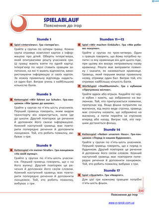 225
Пояснення до ігор
SPIELABLAUF
Пояснення до ігор
Stunde 1
4 Spiel «Interviews». Гра «Інтерв’ю».
Грайте у групах по чотири гравці. Кожна
група отримує комплект карток з інфор-
мацією про дітей. Оберіть інтерв’юера,
який опитуватиме решту учасників гри.
Ці гравці мають взяти по одній картці.
Інтерв’юер по черзі ставить гравцям за-
питання, на які ті мають відповісти, вико-
ристовуючи інформацію зі своїх карток.
За кожну правильну відповідь надаєть-
ся один бал. Виграє учень з найбільшою
кількістю балів.
Stunde 5
6 Kettenspiel «Wir fahren zur Schule». Гра-лан-
цюжок «Ми їдемо до школи».
Грайте у групах по п’ять-шість учасників.
Перший гравець говорить, яким видом
транспорту він користується, коли їде
до школи. Другий повторює це речення
й доповнює його своєю інформацією.
Кожний наступний гравець має повто-
рити попереднє речення й доповнити
ланцюжок. Той, хто робить помилку, ви-
буває з гри.
Stunde 9
6 Kettenspiel «In meiner Straße». Гра-ланцюжок
«На моїй вулиці».
Грайте у групах по п’ять-шість учасни-
ків. Перший гравець говорить, що є на
його вулиці. Другий повторює це ре-
чення й доповнює його своїм словом.
Кожний наступний гравець має повто-
рити попереднє речення й доповнити
ланцюжок. Той, хто робить помилку,
вибуває з гри.
Stunden 11—12
6 Spiel «Wir machen Einkäufe». Гра «Ми роби-
мо покупки».
Грайте у групах по троє-четверо. Один
з гравців говорить, що йому потрібно ку-
пити і в яку крамницю він для цього піде,
при цьому він вказує неправильну назву
крамниці. Решта має виправити помил-
ку і сказати, як називається крамниця.
Гравець, який першим вказує правильну
назву, отримує один бал. Виграє той, хто
отримає найбільшу кількість балів.
7 Würfelspiel «Stadtbummel». Гра з кубиком
«Прогулянка містом».
Грайте вдвох або втрьох. Кидайте по чер-
зі кубик і кажіть, що зображено на ма-
люнках. Той, хто припускається помилки,
пропускає хід. Якщо фішка потрапляє на
малюнок, від якого веде стрілка, гравець
має спочатку назвати, що зображено на
малюнку, а потім перейти за стрілкою
вперед або назад. Виграє той, хто пер-
шим дістанеться фінішу.
Stunde 14
5 Kettenspiel «Neben unserem Haus». Гра-лан-
цюжок «Поряд із нашим будинком».
Грайте у групах по п’ять-шість учасників.
Перший гравець говорить, що є поряд із
будинком. Другий повторює це речення
й доповнює його своїм словом. Кожний
наступний гравець має повторити попе-
реднє речення й доповнити ланцюжок.
Той, хто робить помилку, вибуває з гри.
Stunde 17
5 Spiel «Quartett». Гра «Квартет».
Для цієї гри кожному гравцеві потрібні
п’ять-шість фішок.
4
6
6
6
7
5
5
www.e-ranok.com.ua
 