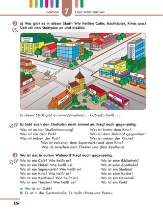 7 Hier wohnen wirLektion
126
 a) Was gibt es in dieser Stadt? Wie heißen Cafés, Kaufhäuser, Kinos usw.?
Sieh dir den Stadtplan an und erzähle.
Deutsches
Theater
Hotel
Apotheke
Galeria Kaufhof
Café Berlin
Schule
Bibliothek
Post
Paris
RIO
Club
Bahnhof
SPAR
Kino
A
d
l
o
n
In dieser Stadt gibt es einen/eine/ein/... . Er/Sie/Es heißt ... .
b) Seht euch den Stadtplan noch einmal an. Fragt euch gegenseitig.
Was ist an der Straßenkreuzung? Was ist hinter dem Kino?
Was ist vor dem Park? Was ist dem Bahnhof gegenüber?
Was ist neben der Post? Was ist neben der Kirche?
Was ist zwischen dem Supermarkt und dem Kino?
Was ist zwischen dem Theater und dem Kaufhaus?
 Wo ist das in eurem Wohnort? Fragt euch gegenseitig.
Wo ist ein Café? Wie heißt es? Wo ist eine Bibliothek?
Wo ist ein Hotel? Wie heißt es? Wo ist eine Apotheke?
Wo ist ein Supermarkt? Wie heißt er? Wo ist ein Stadion?
Wo ist ein Kino? Wie heißt es? Wo ist eine Kirche?
Wo ist ein Kaufhaus? Wie heißt es? Wo ist ein Denkmal?
Wo ist ein Theater? Wie heißt es? Wo ist ein Park?
A: Wo ist ein Café?
B: Es ist in der Gartenstraße. Es heißt «Pizza und Pasta».
 