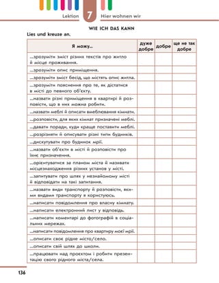7 Hier wohnen wirLektion
136
WIE ICH DAS KANN
Lies und kreuze an.
Я можу...
дуже
добре
добре
ще не так
добре
...зрозуміти зміст різних текстів про житло
й місце проживання.
...зрозуміти опис приміщення.
...зрозуміти зміст бесід, що містять опис житла.
...зрозуміти пояснення про те, як дістатися
в місті до певного об’єкту.
...назвати різні приміщення в квартирі й роз-
повісти, що в них можна робити.
...назвати меблі й описати вмеблювання кімнати.
...розповісти, для яких кімнат призначені меблі.
...давати поради, куди краще поставити меблі.
...розрізняти й описувати різні типи будинків.
...дискутувати про будинок мрії.
...назвати об’єкти в місті й розповісти про
їхнє призначення.
...орієнтуватися за планом міста й називати
місцезнаходження різних установ у місті.
...запитувати про шлях у незнайомому місті
й відповідати на такі запитання.
...назвати види транспорту й розповісти, яки-
ми видами транспорту я користуюсь.
...написати повідомлення про власну кімнату.
...написати електронний лист у відповідь.
...написати коментарі до фотографій в соціа-
льних мережах.
...написати повідомлення про квартиру моєї мрії.
...описати своє рідне місто/село.
...описати свій шлях до школи.
...працювати над проєктом і робити презен-
тацію свого рідного міста/села.
 