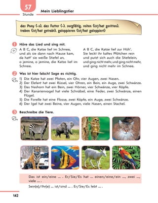 142
Stunde
57 Mein Lieblingstier
das Pony (-s), das Futter (-), sorgfЉltig, reiten (ist/hat geritten),
traben (ist/hat getrabt), galoppieren (ist/hat galoppiert)
 Höre das Lied und sing mit.
A B C, die Katze lief im Schnee,
und als sie dann nach Hause kam,
da hatt’ sie weiße Stiefel an,
o jemine, o jemine, die Katze lief im
Schnee.
A B C, die Katze lief zur Höh’.
Sie leckt ihr kaltes Pfötchen rein
und putzt sich auch die Stiefelein,
und ging nicht mehr,und ging nicht mehr,
und ging nicht mehr im Schnee.
 Was ist hier falsch? Sage es richtig.
1) Die Katze hat zwei Pfoten, ein Ohr, vier Augen, zwei Nasen.
2) Der Elefant hat zwei Rüssel, vier Ohren, ein Bein, ein Auge, zwei Schwänze.
3) Das Nashorn hat ein Bein, zwei Hörner, vier Schwänze, vier Köpfe.
4) Der Kanarienvogel hat viele Schnäbel, eine Feder, zwei Schwänze, einen
Flügel.
5) Die Forelle hat eine Flosse, zwei Köpfe, ein Auge, zwei Schwänze.
6) Der Igel hat zwei Beine, vier Augen, viele Nasen, einen Stachel.
 Beschreibe die Tiere.
Das ist ein/eine ... . Er/Sie/Es hat ... einen/eine/ein ..., zwei ...,
viele ... .
Sein(e)/Ihr(e) ... ist/sind ... . Er/Sie/Es lebt ... .
 