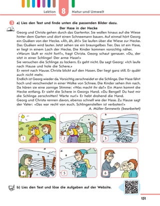 8 Natur und UmweltLektion
151
 a) Lies den Text und finde unten die passenden Bilder dazu.
Der Hase in der Hecke
Georg und Christa gehen durch das Gartentor. Sie wollen hinaus auf die Wiese
hinter dem Garten und dort einen Schneemann bauen. Auf einmal hört Georg
ein Quäken von der Hecke. «Äh, äh, äh!» Sie laufen über die Wiese zur Hecke.
Das Quäken wird lauter. Jetzt sehen sie ein braungelbes Tier. Das ist ein Hase,
er liegt in einem Loch der Hecke. Die Kinder kommen vorsichtig näher.
«Warum läuft er nicht fort?», fragt Christa. Georg schaut genauer. «Du, der
sitzt in einer Schlinge! Der arme Hase!»
Sie versuchen die Schlinge zu lockern. Es geht nicht. Da sagt Georg: «Ich laufe
nach Hause und hole die Schere.»
Er rennt nach Hause. Christa blickt auf den Hasen. Der liegt ganz still. Er quäkt
auch nicht mehr.
Endlich ist Georg wieder da. Vorsichtig zerschneidet er die Schlinge. Der Hase fährt
hoch und verschwindet in einer Wolke von Schnee. Die Kinder sehen ihm nach.
Da hören sie eine zornige Stimme: «Was macht ihr da?» Ein Mann kommt die
Hecke entlang. Er sieht die Schere in Georgs Hand. «Du Bengel! Du hast mir
die Schlinge zerschnitten! Warte nur!» Er hebt drohend die Hand.
Georg und Christa rennen davon, ebenso schnell wie der Hase. Zu Hause sagt
der Vater: «Das war recht von euch. Schlingenstellen ist verboten!»
A. Müller-Tannewitz (bearbeitet)
1 2 3
4 5 6
b) Lies den Text und löse die Aufgaben auf der Website.
 