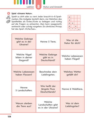 8 Natur und UmweltLektion
154
 Spiel «Unsere Natur».
Spielt zu dritt oder zu viert. Jeder braucht 6—8 Spiel-
marken. Die Aufgabe besteht darin, vier Kästchen des
Spielfeldes als Erster/Erste zu belegen und richtig
auf die Fragen zu antworten. Man kann waagerecht,
senkrecht oder schräg vorgehen. Ein ähnliches Prinzip
hat das Spiel «TicTacToe».
о
х
о х
о х
* * * х
Welche Gebirge
gibt es in der
Ukraine?
Nenne 5 Tiere.
Was ist die
Natur für dich?
Welche Vögel
leben in deiner
Gegend?
Welche Gebirge
gibt es in
Deutschland?
Welche Lebewesen
haben Flügel?
Welche Lebewesen
haben Flossen?
Beschreibe dein
Lieblingstier.
Welches Wetter
gefällt dir?
Nenne
5 Landschaften.
Wie heißt der
längste Fluss
Deutschlands?
Nenne 6 Waldtiere.
Warum sterben
die Tiere aus?
Welche
Landschaften gibt
es in der Ukraine?
Was ist dein
Lieblingstier?
 