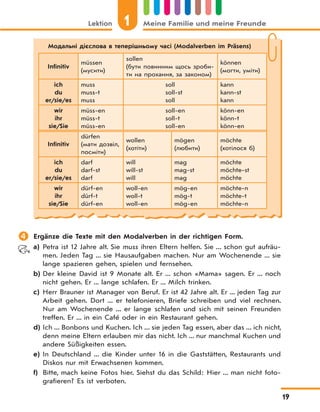 Lektion 1 Meine Familie und meine Freunde
19
 Ergänze die Texte mit den Modalverben in der richtigen Form.
a) Petra ist 12 Jahre alt. Sie muss ihren Eltern helfen. Sie ... schon gut aufräu-
men. Jeden Tag ... sie Hausaufgaben machen. Nur am Wochenende ... sie
lange spazieren gehen, spielen und fernsehen.
b) Der kleine David ist 9 Monate alt. Er ... schon «Mama» sagen. Er ... noch
nicht gehen. Er ... lange schlafen. Er ... Milch trinken.
c) Herr Brauner ist Manager von Beruf. Er ist 42 Jahre alt. Er ... jeden Tag zur
Arbeit gehen. Dort ... er telefonieren, Briefe schreiben und viel rechnen.
Nur am Wochenende ... er lange schlafen und sich mit seinen Freunden
treffen. Er ... in ein Café oder in ein Restaurant gehen.
d) Ich ... Bonbons und Kuchen. Ich ... sie jeden Tag essen, aber das ... ich nicht,
denn meine Eltern erlauben mir das nicht. Ich ... nur manchmal Kuchen und
andere Süßigkeiten essen.
e) In Deutschland ... die Kinder unter 16 in die Gaststätten, Restaurants und
Diskos nur mit Erwachsenen kommen.
f) Bitte, mach keine Fotos hier. Siehst du das Schild: Hier ... man nicht foto-
grafieren? Es ist verboten.
Модальні дієслова в теперішньому часі (Modalverben im Präsens)
Infinitiv
müssen
(мусити)
sollen
(бути повинним щось зроби-
ти на прохання, за законом)
können
(могти, уміти)
ich
du
er/sie/es
muss
muss-t
muss
soll
soll-st
soll
kann
kann-st
kann
wir
ihr
sie/Sie
müss-en
müss-t
müss-en
soll-en
soll-t
soll-en
könn-en
könn-t
könn-en
Infinitiv
dürfen
(мати дозвіл,
посміти)
wollen
(хотіти)
mögen
(любити)
möchte
(хотілося б)
ich
du
er/sie/es
darf
darf-st
darf
will
will-st
will
mag
mag-st
mag
möchte
möchte-st
möchte
wir
ihr
sie/Sie
dürf-en
dürf-t
dürf-en
woll-en
woll-t
woll-en
mög-en
mög-t
mög-en
möchte-n
möchte-t
möchte-n
 