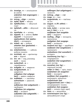 208
Wörterverzeichnis Deutsch-Ukrainisch
die Anzeige, -n — оголошення
(в газеті)
an|ziehen (hat angezogen) —
надягати
der Anzug, ...züge — костюм
der Apfel, Äpfel — яблуко
der Apfelkuchen, - — яблучний
пиріг
der Apfelsaft, ...säfte — яблучний
сік
die Apotheke, -n — аптека
der Appetit, -e — апетит; Guten
Appetit! — Смачного!
applaudieren (hat applau-
diert) — аплодувати
die Arbeit, -en — робота
arbeiten (hat gearbeitet) —
працювати
das Arbeitszimmer, - — кабінет,
робоча кімната
der Architekt, -en — архітектор
arm — бідний
die Art, -en — вид, різновид
auch — також
der Aufenthalt, -e —
перебування
die Aufgabe, -n — завдання
das Aufgabenheft, -e —
щоденник
auf|geben (hat aufgege-
ben) — давати завдання
der Aufkleber, - — наклейка
aufmerksam — уважний;
уважно
auf|räumen (hat aufgeräumt) —
прибирати
auf|stehen (ist aufgestan-
den) — вставати
auf|stellen (hat aufgestellt) —
встановити
auf|tragen (hat aufgetragen) —
заносити
der Aufzug, ...züge — ліфт
das Auge, -n — око
die Augenbinde, -n — пов’язка
на очі
der August, -e (Pl. selten) —
серпень
die Aula, Aulen — актова зала
aus (+ Dat.) — з, із
aus|blasen (hat ausgebla-
sen) — видувати
der Ausflug, ...flüge — екскурсія,
прогулянка
aus|geben (hat ausgege-
ben) — витрачати
das Ausland (nur Sg.) — зарубіжжя
aus|lassen (hat ausgelassen) —
пропускати
aus|radieren (hat ausradiert) —
витирати
die Ausrüstung (nur Sg.) —
спорядження
aus|sehen (hat ausgesehen) —
мати вигляд
das Aussehen (nur Sg.) —
зовнішній вигляд
außer (+ Dat.) — крім, окрім
aus|sterben (ist ausgestor-
ben) — вимирати
aus|üben (hat ausgeübt) —
виконувати; займатися
aus|zeichnen (hat
ausgezeichnet) (mit + Dat.) —
нагороджувати чимось
aus|ziehen (hat ausgezo-
gen) — знімати (про одяг)
das Auto, -s — автомобіль
der Autorennsport (nur Sg.) —
автомобільний спорт
 