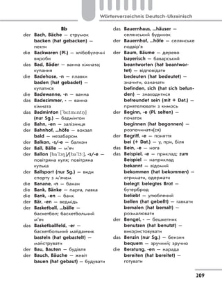 209
Wörterverzeichnis Deutsch-Ukrainisch
Bb
der Bach, Bäche — струмок
backen (hat gebacken) —
пекти
die Backwaren (Pl.) — хлібобулочні
вироби
das Bad, Bäder — ванна кімната;
купання
die Badehose, -n — плавки
baden (hat gebadet) —
купатися
die Badewanne, -n — ванна
das Badezimmer, - — ванна
кімната
das Badminton ['b*tmntn. ]
(nur Sg.) — бадмінтон
die Bahn, -en — залізниця
der Bahnhof, ...höfe — вокзал
bald — незабаром
der Balkon, -s/-e — балкон
der Ball, Bälle — м’яч
der Ballon [ba'l18]/[ba'l:], -s/-e —
повітряна куля; повітряна
кулька
der Ballsport (nur Sg.) — види
спорту з м’ячем
die Banane, -n — банан
die Bank, Bänke — парта, лавка
die Bank, -en — банк
der Bär, -en — ведмідь
der Basketball, ...bälle —
баскетбол; баскетбольний
м’яч
das Basketballfeld, -er —
баскетбольний майданчик
basteln (hat gebastelt) —
майструвати
der Bau, Bauten — будівля
der Bauch, Bäuche — живіт
bauen (hat gebaut) — будувати
das Bauernhaus, ...häuser —
селянський будинок
der Bauernhof, ...höfe — селянське
подвір’я
der Baum, Bäume — дерево
bayerisch — баварський
beantworten (hat beantwor-
tet) — відповідати
bedeuten (hat bedeutet) —
значити, означати
befinden, sich (hat sich befun-
den) — знаходитися
befreundet sein (mit + Dat.) —
приятелювати з кимось
der Beginn, -e (Pl. selten) —
початок
beginnen (hat begonnen) —
розпочинати(ся)
der Begriff, -e — поняття
bei (+ Dat.) — у, при, біля
das Bein, -e — нога
das Beispiel, -e — приклад; zum
Beispiel — наприклад
bekannt — відомий
bekommen (hat bekommen) —
отримати, одержати
belegt: belegtes Brot —
бутерброд
beliebt — улюблений
bellen (hat gebellt) — гавкати
bemalen (hat bemalt) —
розмалювати
der Bengel, - — бешкетник
benutzen (hat benutzt) —
використовувати
das Benzin (nur Sg.) — бензин
bequem — зручний; зручно
die Beratung, -en — нарада
bereiten (hat bereitet) —
готувати
 