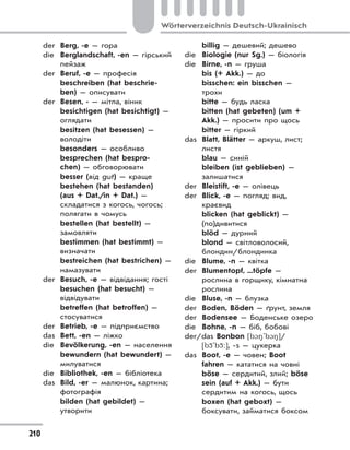 210
Wörterverzeichnis Deutsch-Ukrainisch
der Berg, -e — гора
die Berglandschaft, -en — гірський
пейзаж
der Beruf, -e — професія
beschreiben (hat beschrie-
ben) — описувати
der Besen, - — мітла, віник
besichtigen (hat besichtigt) —
оглядати
besitzen (hat besessen) —
володіти
besonders — особливо
besprechen (hat bespro-
chen) — обговорювати
besser (від gut) — краще
bestehen (hat bestanden)
(aus + Dat./in + Dat.) —
складатися з когось, чогось;
полягати в чомусь
bestellen (hat bestellt) —
замовляти
bestimmen (hat bestimmt) —
визначати
bestreichen (hat bestrichen) —
намазувати
der Besuch, -e — відвідання; гості
besuchen (hat besucht) —
відвідувати
betreffen (hat betroffen) —
стосуватися
der Betrieb, -e — підприємство
das Bett, -en — ліжко
die Bevölkerung, -en — населення
bewundern (hat bewundert) —
милуватися
die Bibliothek, -en — бібліотека
das Bild, -er — малюнок, картина;
фотографія
bilden (hat gebildet) —
утворити
billig — дешевий; дешево
die Biologie (nur Sg.) — біологія
die Birne, -n — груша
bis (+ Akk.) — до
bisschen: ein bisschen —
трохи
bitte — будь ласка
bitten (hat gebeten) (um +
Akk.) — просити про щось
bitter — гіркий
das Blatt, Blätter — аркуш, лист;
листя
blau — синій
bleiben (ist geblieben) —
залишатися
der Bleistift, -e — олівець
der Blick, -e — погляд; вид,
краєвид
blicken (hat geblickt) —
(по)дивитися
blöd — дурний
blond — світловолосий,
блондин/блондинка
die Blume, -n — квітка
der Blumentopf, ...töpfe —
рослина в горщику, кімнатна
рослина
die Bluse, -n — блузка
der Boden, Böden — ґрунт, земля
der Bodensee — Боденське озеро
die Bohne, -n — біб, бобові
der/das Bonbon [b18'b18]/
[b'b:], -s — цукерка
das Boot, -e — човен; Boot
fahren — кататися на човні
böse — сердитий, злий; böse
sein (auf + Akk.) — бути
сердитим на когось, щось
boxen (hat geboxt) —
боксувати, займатися боксом
 